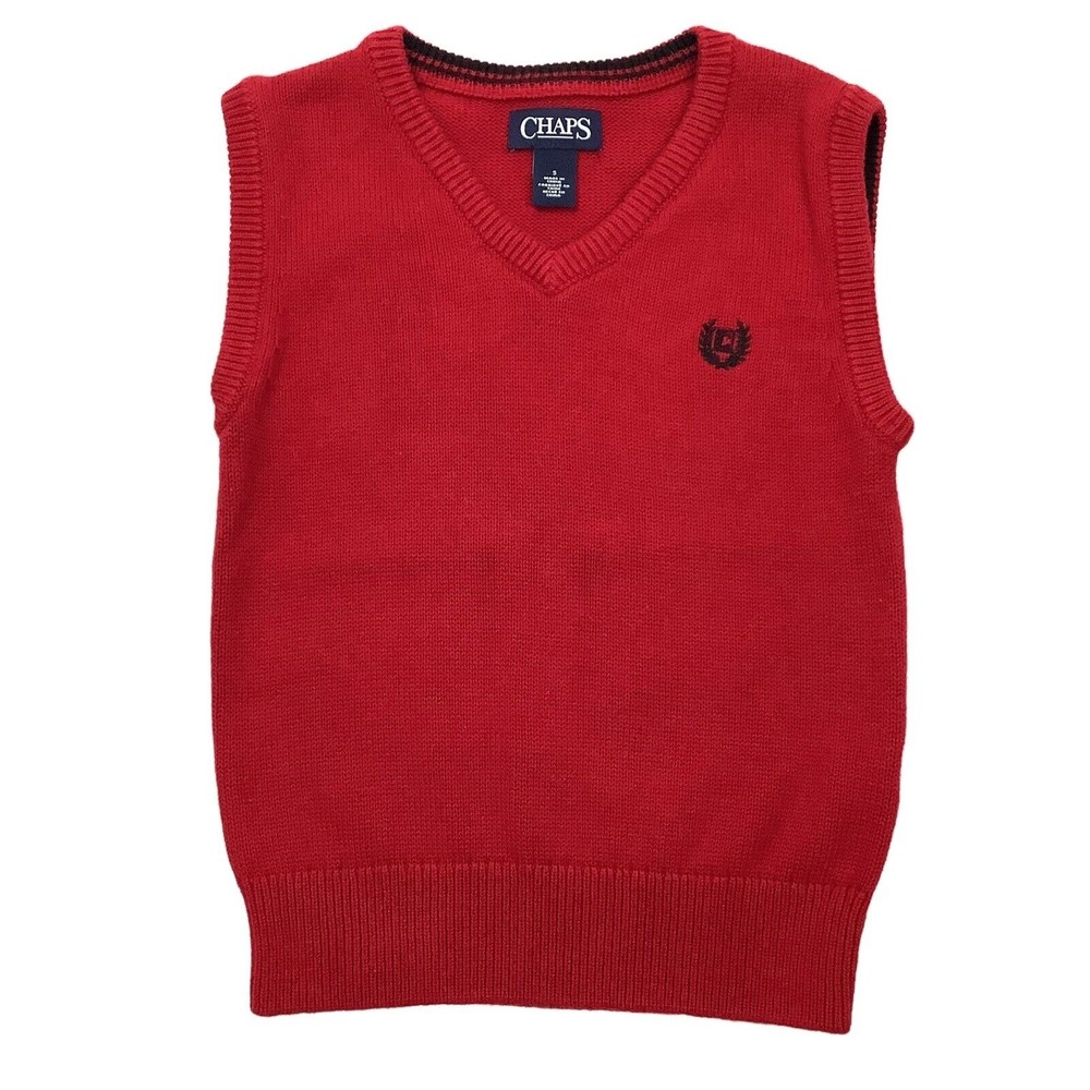 CHAPS Boy's Size 5 Red V-Neck  Pullover Knit Sweater Vest Christmas Valentines